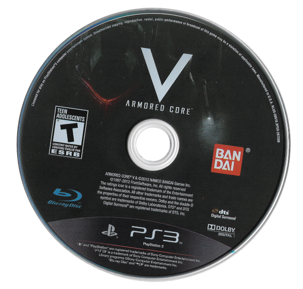 scan of armored core v game disk with subtle red glow of an armored core. the logo for the game, bandai, fromsoftware, and the ps3 and bluray disc and esrb (teen) and dts and dolby digital are visible.